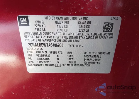 2010 Chevrolet Equinox Ls из США, поврежденный, VIN 2CNALBEW7A6406933